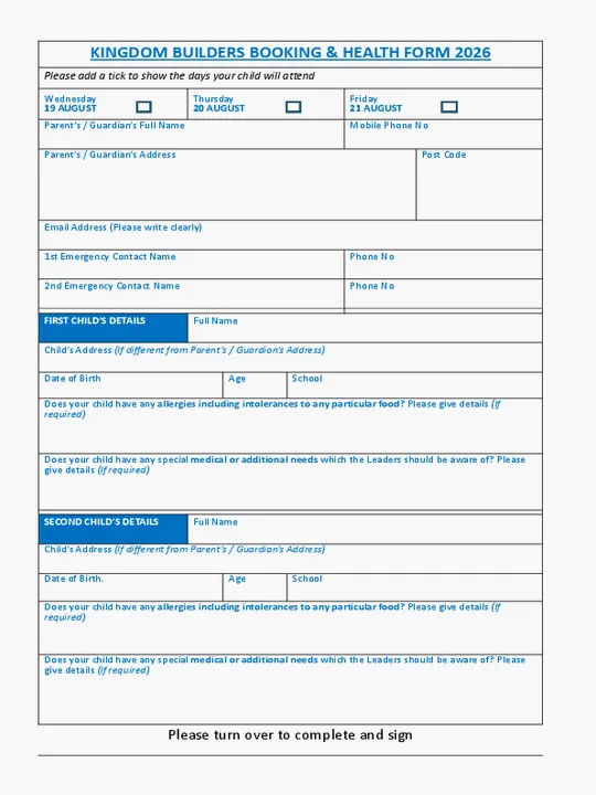 NV Kingdom Builders Booking Form